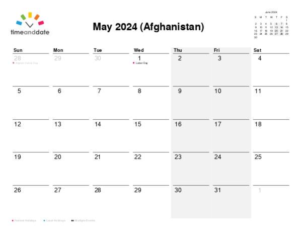 Calendar for 2024 in Afghanistan