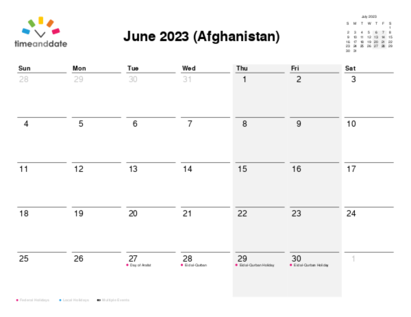 Calendar for 2023 in Afghanistan