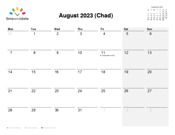 Calendar for 2023 in Chad