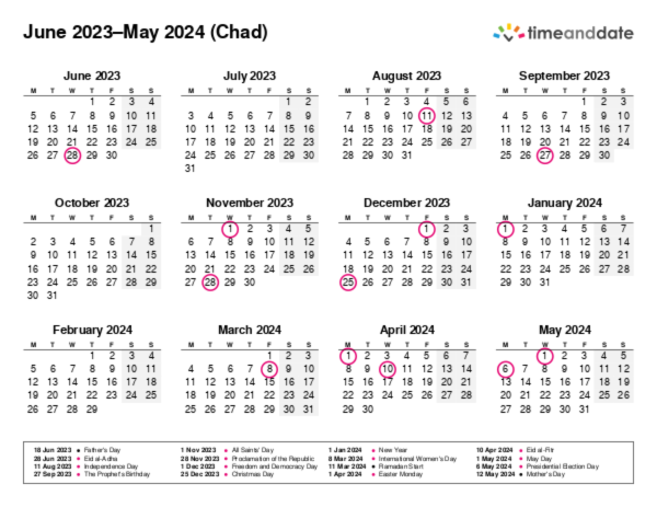 Calendar for 2023 in Chad
