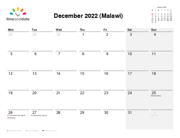 Calendar for 2022 in Malawi