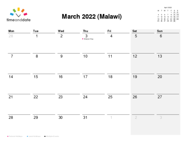 Calendar for 2022 in Malawi