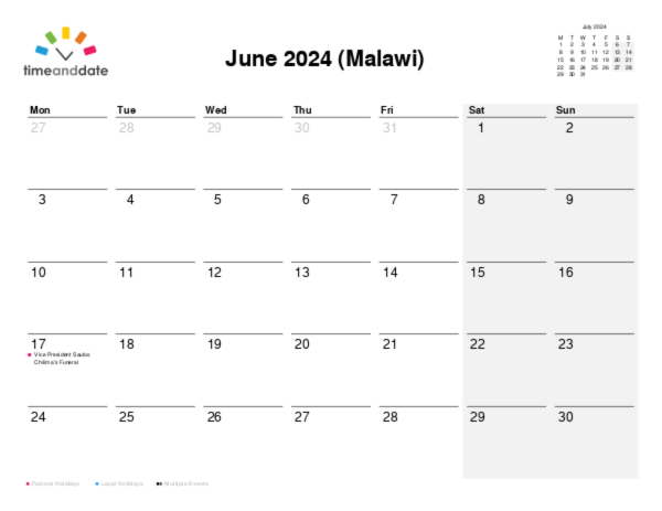 Calendar for 2024 in Malawi