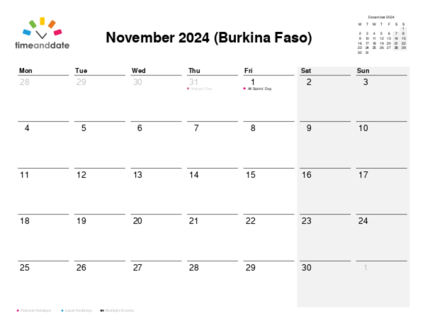 Calendar for 2024 in Burkina Faso