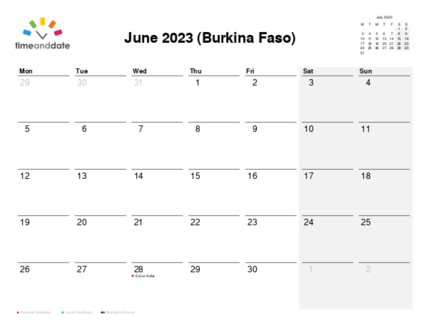 Calendar for 2023 in Burkina Faso