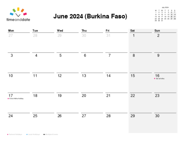 Calendar for 2024 in Burkina Faso