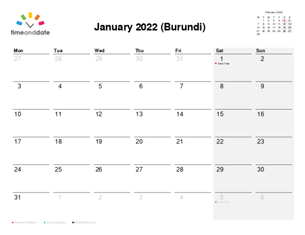 Calendar for 2022 in Burundi