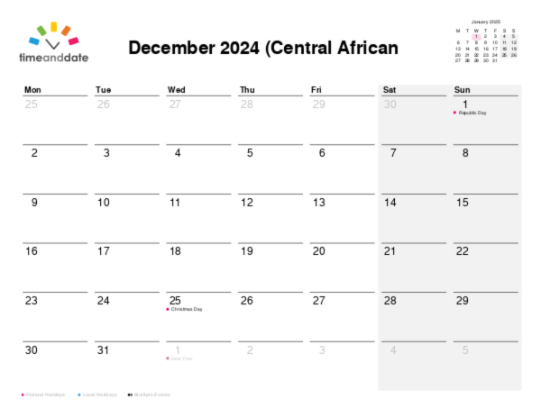 Calendar for 2024 in Central African Republic