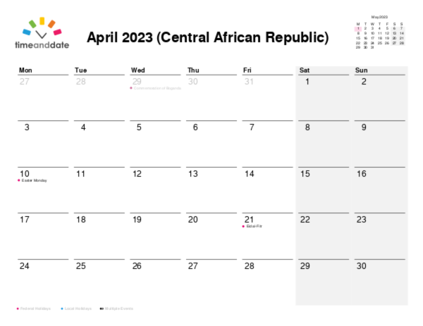 Calendar for 2023 in Central African Republic