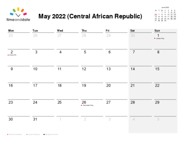 Calendar for 2022 in Central African Republic