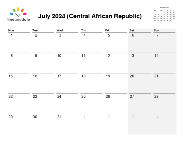 Calendar for 2024 in Central African Republic