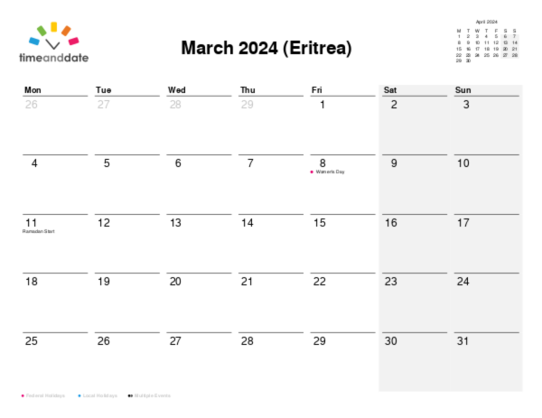Calendar for 2024 in Eritrea