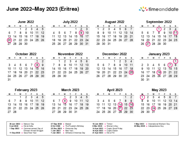 Calendar for 2022 in Eritrea