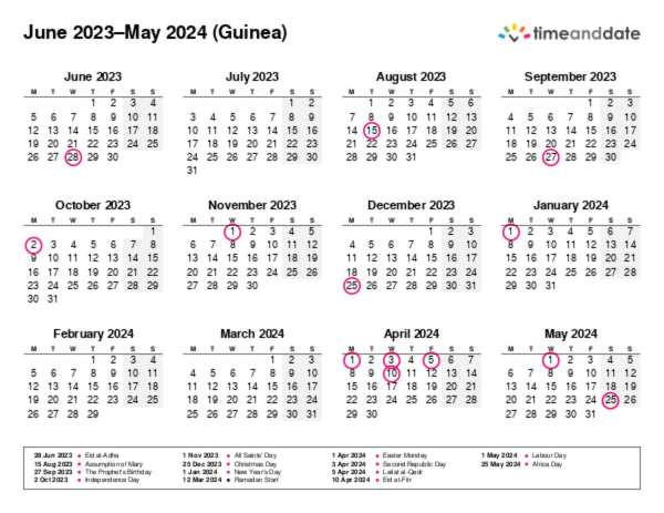Calendar for 2023 in Guinea