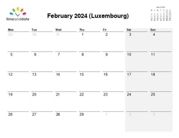 Calendar for 2024 in Luxembourg