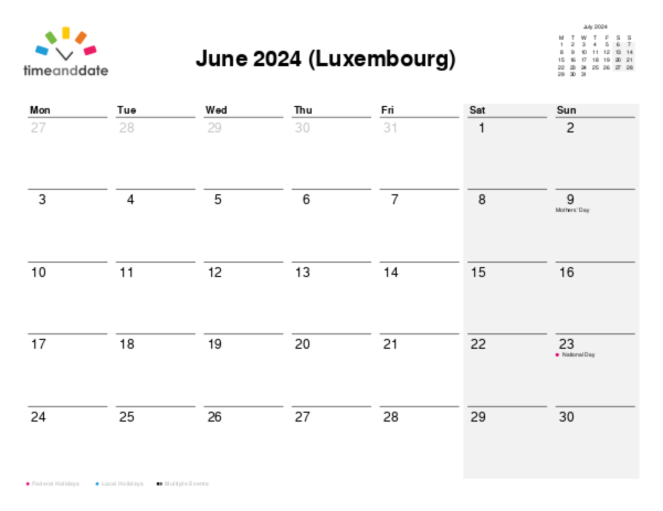 Calendar for 2024 in Luxembourg