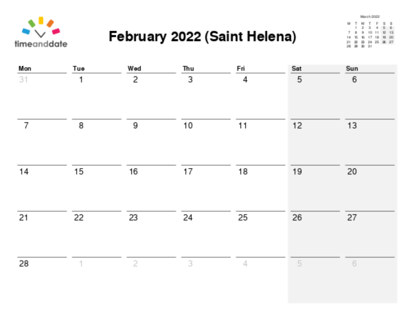 Calendar for 2022 in Saint Helena