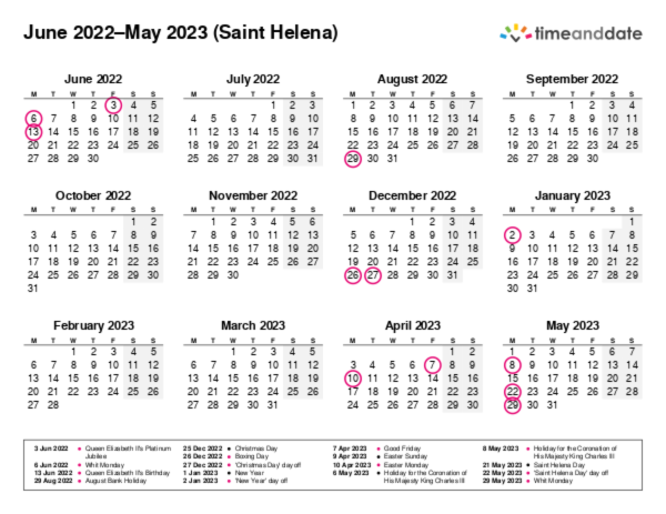 Calendar for 2022 in Saint Helena