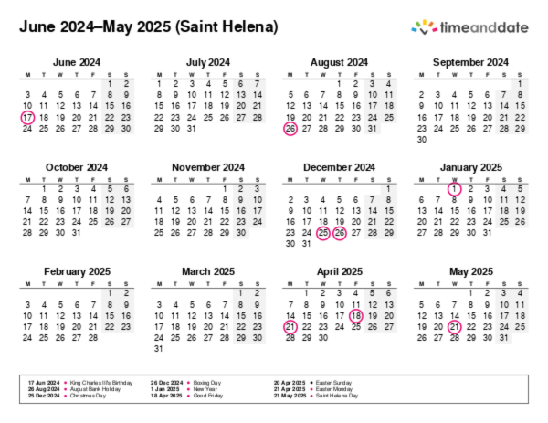 Calendar for 2024 in Saint Helena