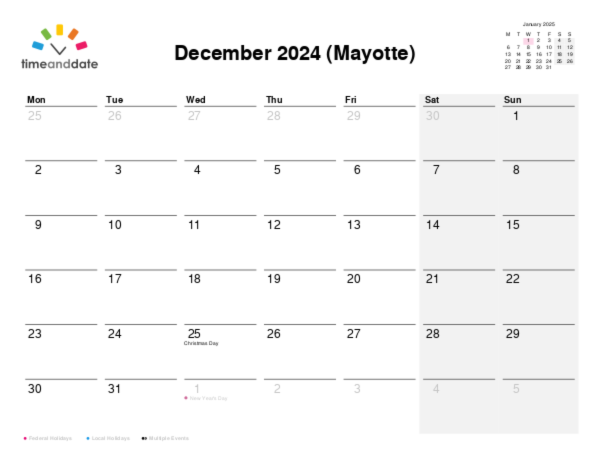 Calendar for 2024 in Mayotte