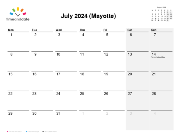 Calendar for 2024 in Mayotte