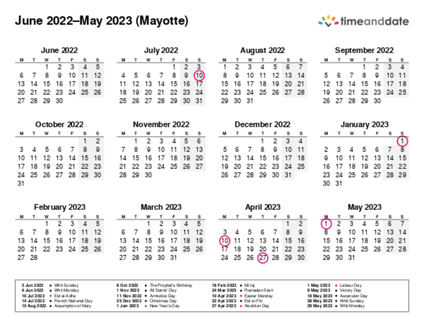 Calendar for 2022 in Mayotte