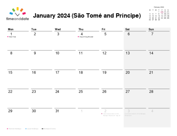 Calendar for 2024 in São Tomé and Príncipe