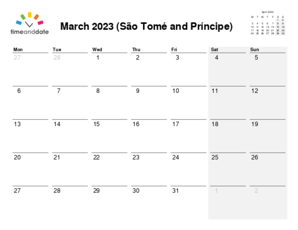 Calendar for 2023 in São Tomé and Príncipe