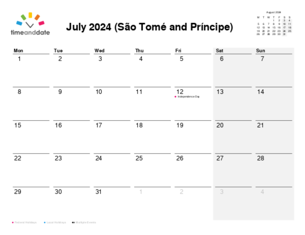 Calendar for 2024 in São Tomé and Príncipe
