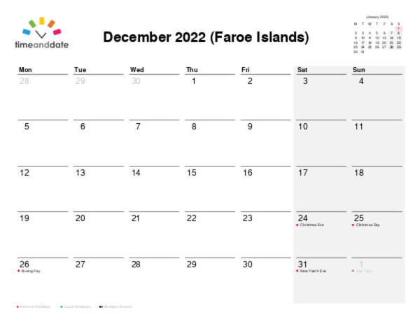 Calendar for 2022 in Faroe Islands