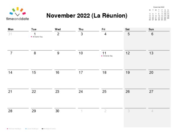 Calendar for 2022 in La Réunion