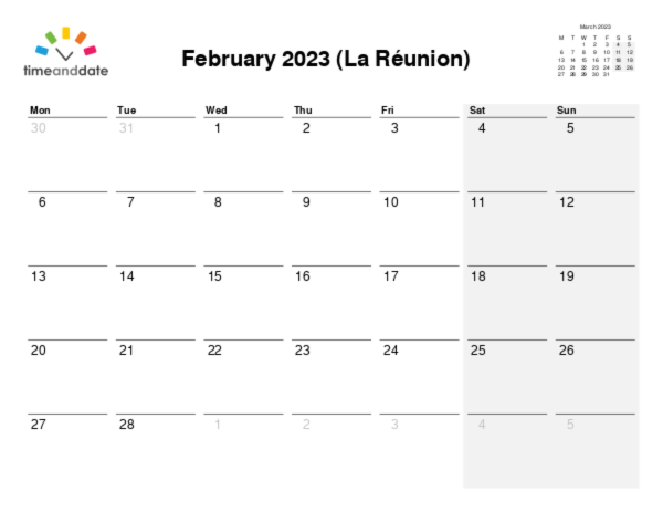 Calendar for 2023 in La Réunion