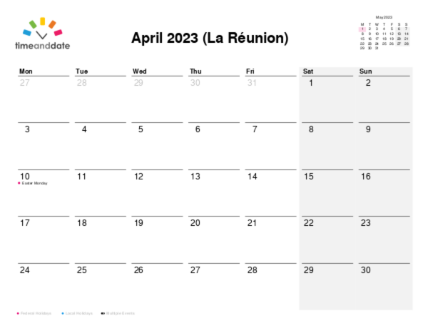 Calendar for 2023 in La Réunion