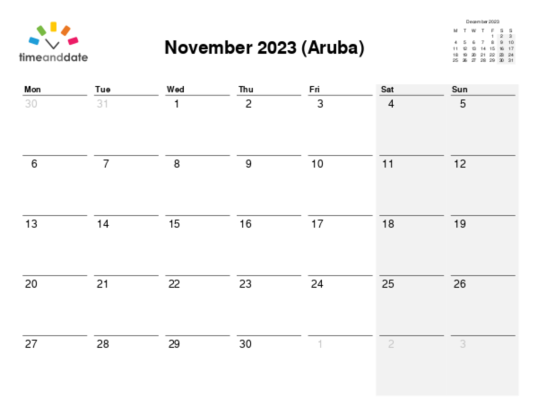 Calendar for 2023 in Aruba