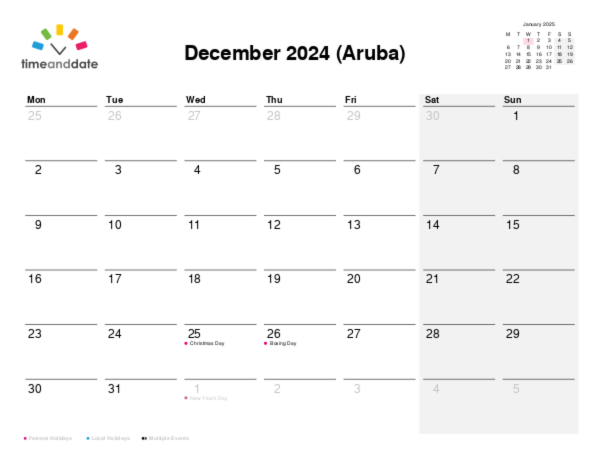 Calendar for 2024 in Aruba