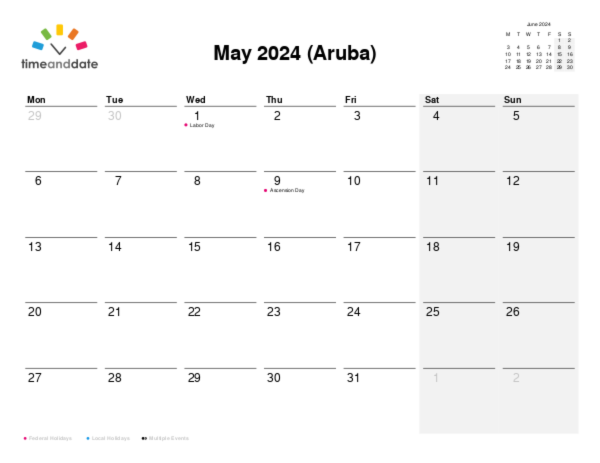 Calendar for 2024 in Aruba