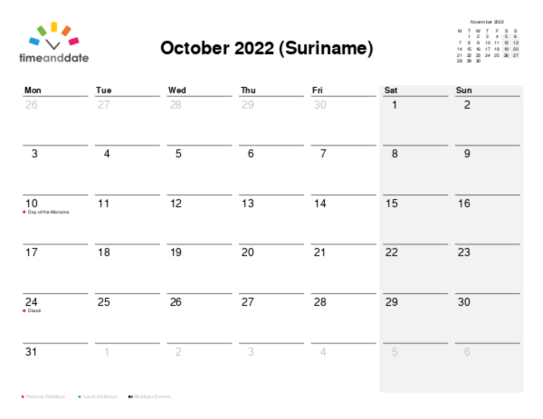 Calendar for 2022 in Suriname