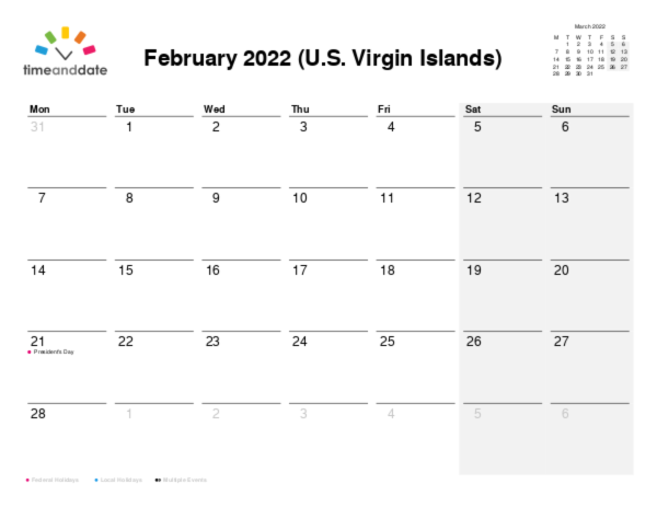 Calendar for 2022 in U.S. Virgin Islands