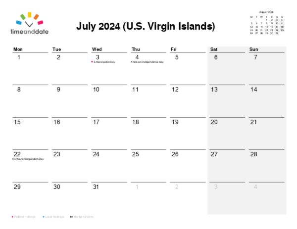 Calendar for 2024 in U.S. Virgin Islands