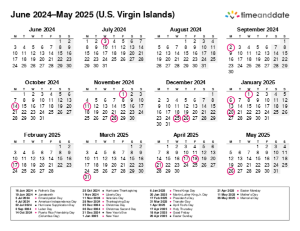 Calendar for 2024 in U.S. Virgin Islands