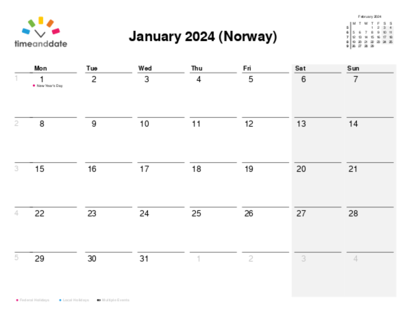 Calendar for 2024 in Norway