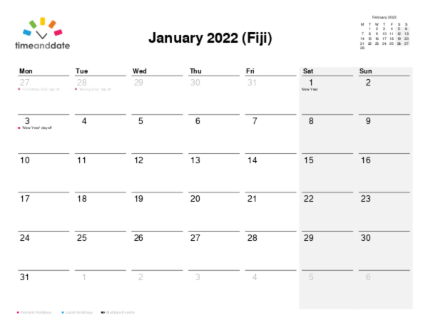 Calendar for 2022 in Fiji