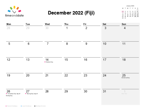 Calendar for 2022 in Fiji