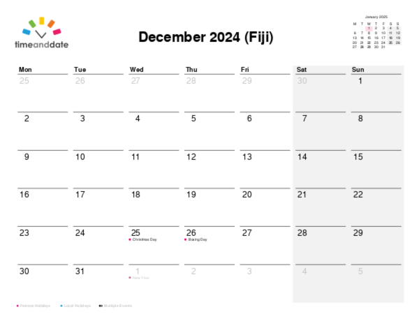 Calendar for 2024 in Fiji