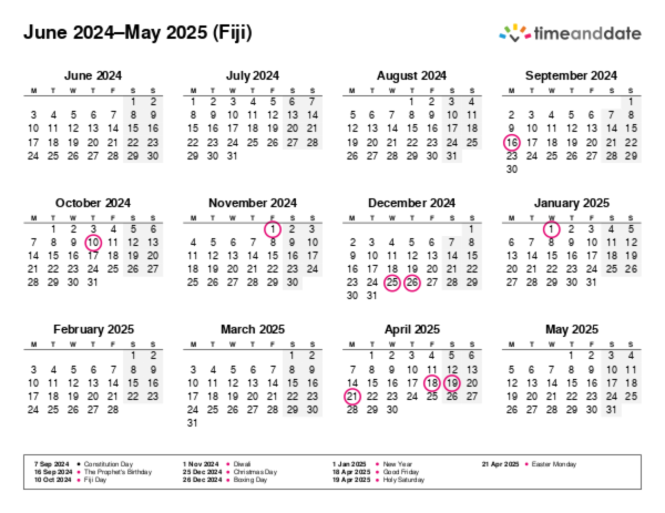 Calendar for 2024 in Fiji