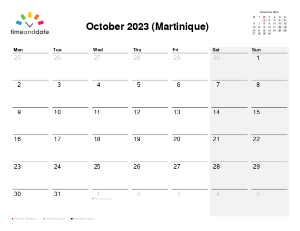 Calendar for 2023 in Martinique