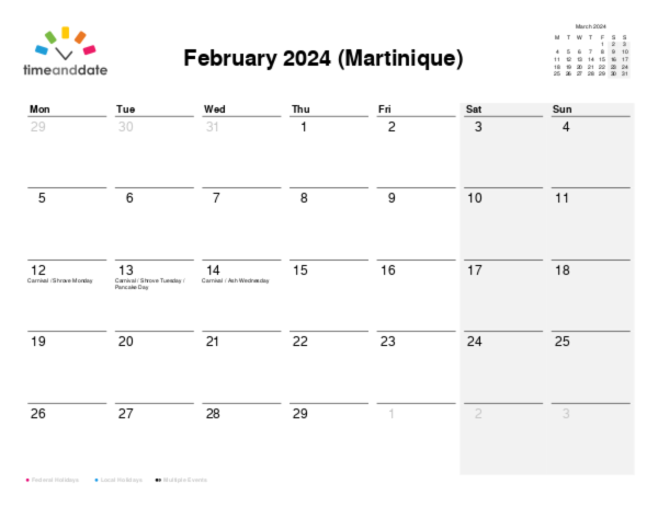 Calendar for 2024 in Martinique