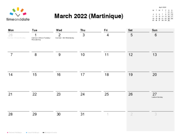 Calendar for 2022 in Martinique