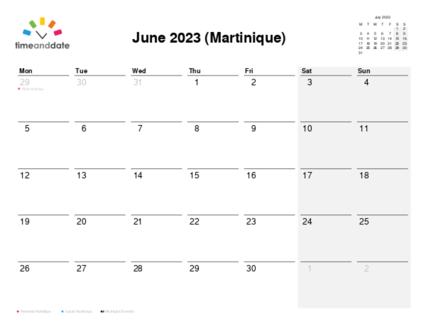 Calendar for 2023 in Martinique