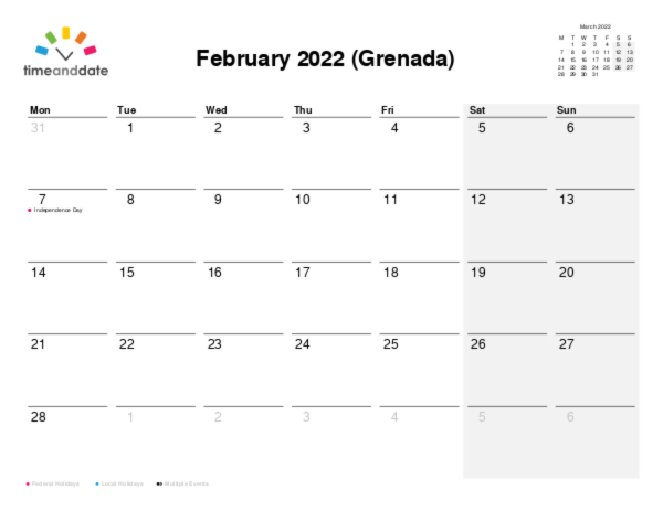 Calendar for 2022 in Grenada